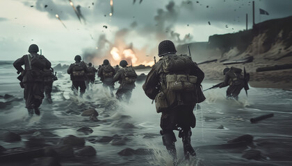 A group of soldiers are running across a beach