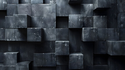 Dark, stylish image showing an abstract 3D design of stacked black cubes with textural details