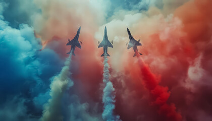 Three fighter jets are flying in the sky, leaving a trail of red, blue - Powered by Adobe