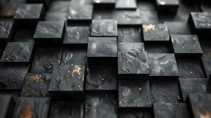 A close-up view of black cubes with sporadic golden specks creating an elegant texture design suitable for luxury branding