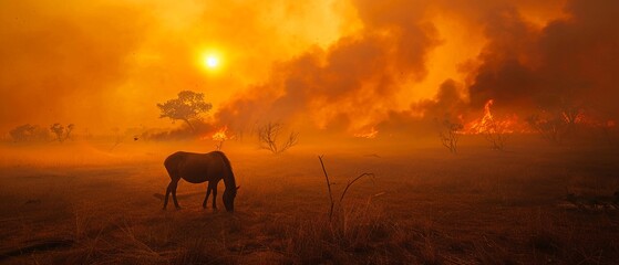 Smoky landscape from wildfires, fleeing animals, dusk, dramatic, orange glow