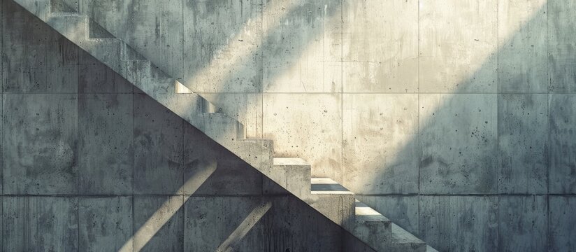 A close up of a concrete building facade with a staircase in the background, under daylighting. The triangular roof and asphalt road surface add to the automotive exterior feel