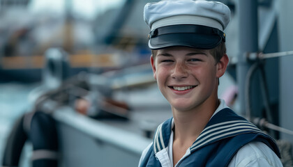 A young man in a sailor's hat is smiling and posing for a picture