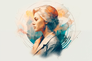 Portrait illustration of a business young woman in watercolor style on a beige background with blots generative AI