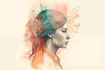 Portrait illustration of a young woman in watercolor style isolated on beige background generative AI