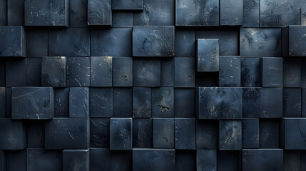 An artistic rendering of dark blue cubes with a worn texture, offering a sense of depth and complexity