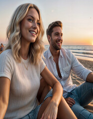 Peaceful people having a conversation while watching the sunset on the beach