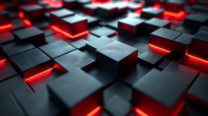 A striking pattern of black cubes illuminated with intense red light, showcasing a blend of darkness and vibrancy