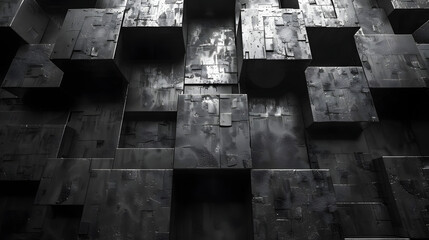 A dark image featuring a three-dimensional cubic geometric sculpture with a highly textured surface