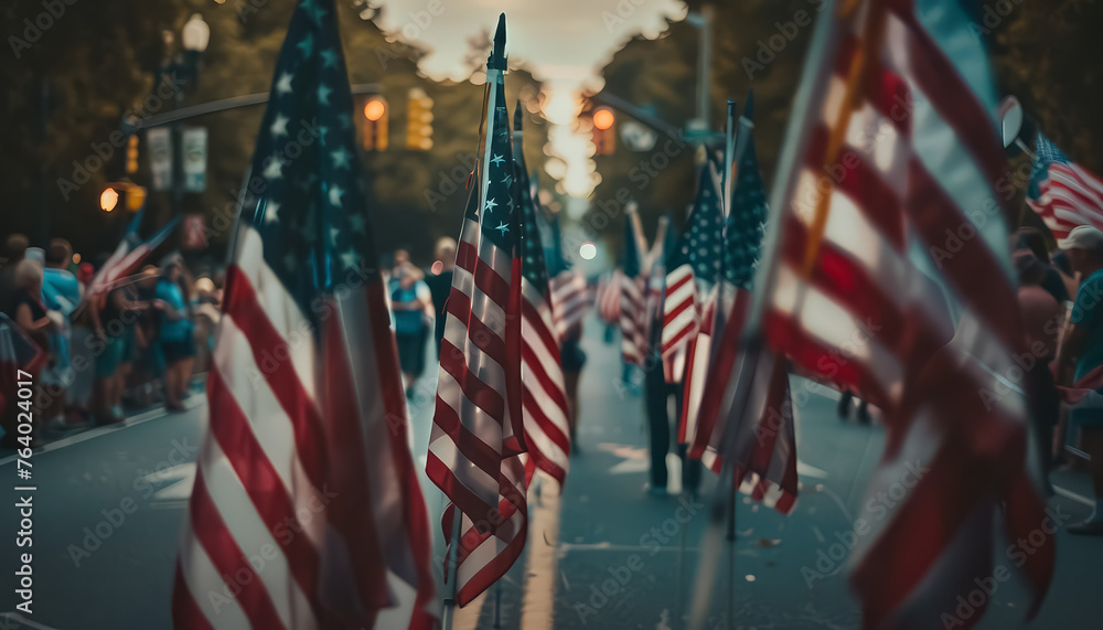 Wall mural A large crowd of people are holding American flags