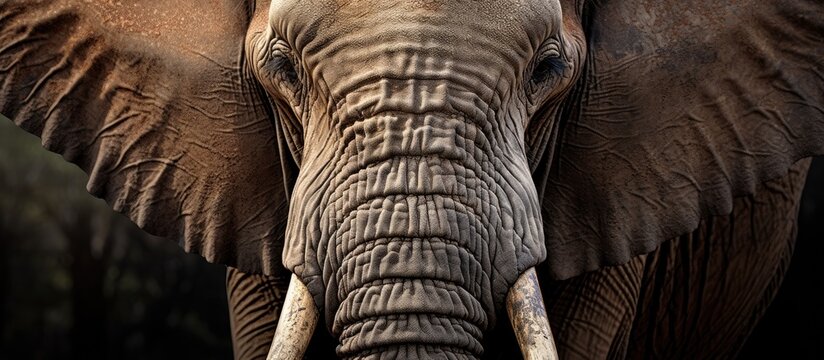 A detailed image showcasing the majestic features of an Indian elephants face, including its trunk and wrinkled snout, against a natural dark background