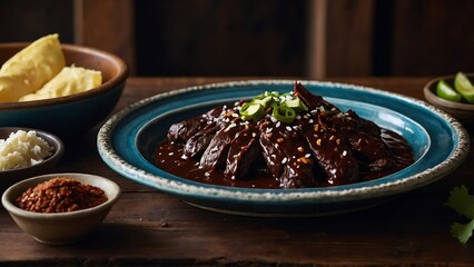 Braised pork ribs with rice and sesame seeds on wooden table