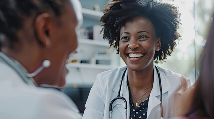 Happy, black woman or doctor consulting a patient in meeting in hospital for healthcare feedback or support. Smile, medical or nurse with a mature person talking or speaking of test results or advice.