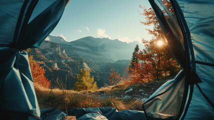 POV view from tent on mountains and beautiful landscape - obrazy, fototapety, plakaty