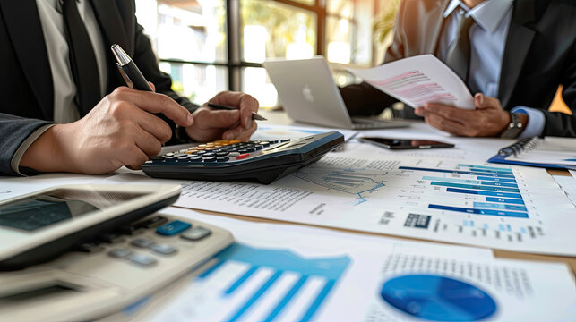 Corporate accountant team use calculator to calculate and maximize tax refunds and improve financial performance based on financial data report. Modern business accounting in panorama. Shrewd.