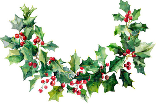Festive watercolor wreath of holly and mistletoe, ideal for holiday-themed designs and greeting cards.