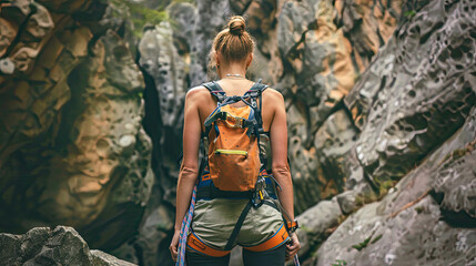 Fototapeta premium Rear view of Woman wearing in climbing equipment standing in front of a stone rock outdoor and preparing to climb.