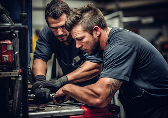 Two mechanics working on a machine in a car repair shop They are looking at the drill