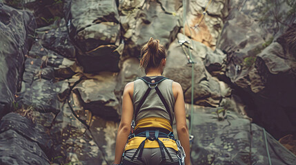 Rear view of Woman wearing in climbing equipment standing in front of a stone rock outdoor and preparing to climb. - Powered by Adobe