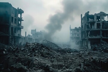 view of destroyed by war city ruins of buildings and smoke in air, generative AI - obrazy, fototapety, plakaty
