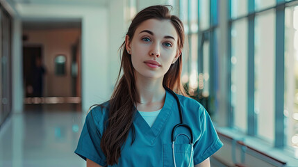 Young student standing in a hospital wearing medical scrubs. Confident female student studying medicine in university.