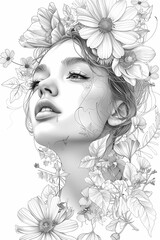 Face with flower in line drawing, high detail, abstract women portrait line drawing on vintage ivory background 