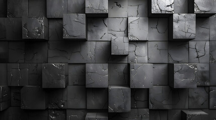 3D black cubes with deep cracks and distressed texture