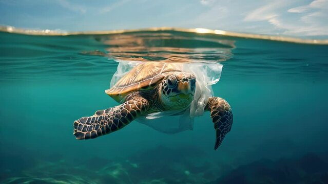 A turtle trapped in a plastic bag in the ocean, representing the devastating effects of plastic pollution on marine life.