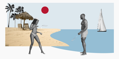 Happy African young man and woman, couple spending good time on summer vacation, playing on beach near sea. Contemporary art collage. Concept of active lifestyle, vacation, nature. Retro style