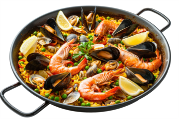 Mediterranean style seafood paella with a colorful assortment of shrimp, mussels and fish fillets, in a large pan on a white surface.