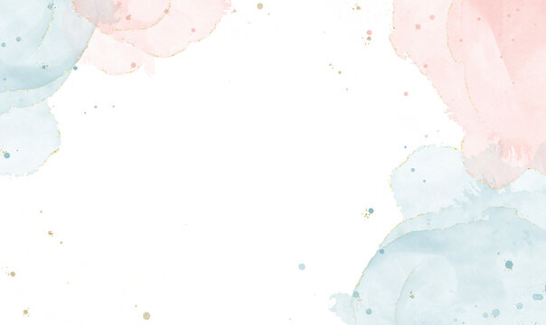 Abstract Watercolor Style  illustration with Light Blue and pink Paint Stains on a White Background and golden splashes, design template for card ,wedding invitation or birthday	
