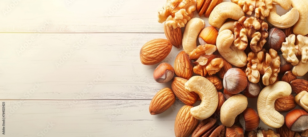 Aufkleber assorted nuts on light brown surface with ample empty space for adding text or logos