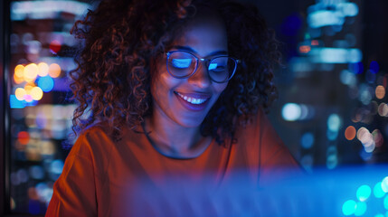 Woman Laptop Computer Night City Concept