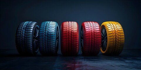 Showcasing Vibrant New Car Tires Against a Sleek Dark Background in an Auto Parts Advertisement. Concept Advertising Photography, Auto Parts, Vibrant Tires, Dark Background, Sleek Design - obrazy, fototapety, plakaty