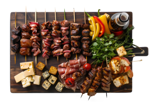 beer summer board with grilled meat skewers, cold cuts and cheese cubes, with bottles of beer, on a white background