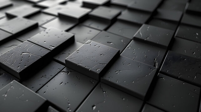 A close-up image of a pattern of dark square tiles with water drops adding a reflective quality