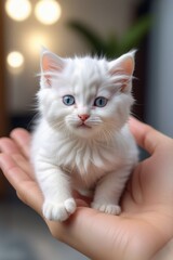 An adorable tiny white kitten on a human hand, vertical composition
