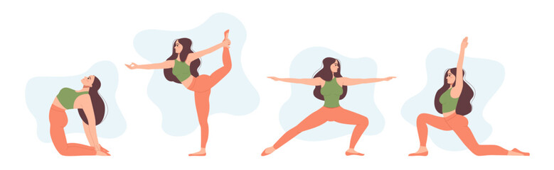 Hip Opening Yoga Poses Set. Woman Workout Fitness, Exercises. Vector Flat Illustration Isolated. 