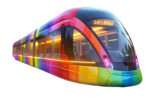 A vibrant 3D cartoon illustration of a colorful tram with rainbow stripes.