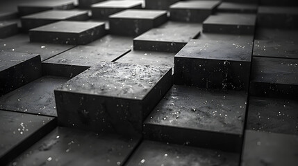 Macro shot of a geometric pattern with glistening wet black cubes