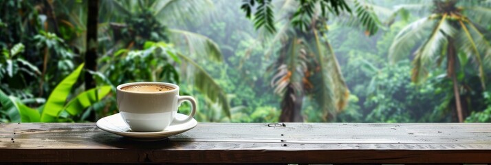 Scenic coffee cup with lush green plantation mountain backdrop and space for text - obrazy, fototapety, plakaty