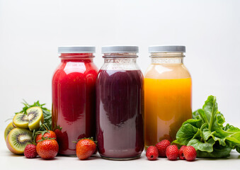 Healthy smoothies in bottles with fresh fruits and berries on white background