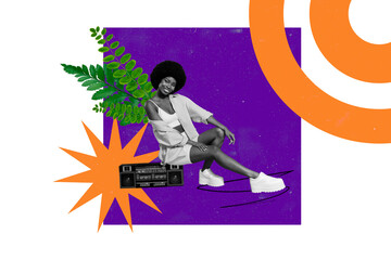 Composite collage image of american girl sit boombox recorder retro leaves branch herbs leisure music relax isolated on painted background