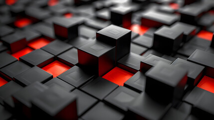An image capturing a striking pattern of 3D black cubes with a vivid red base highlighting one cube uniquely
