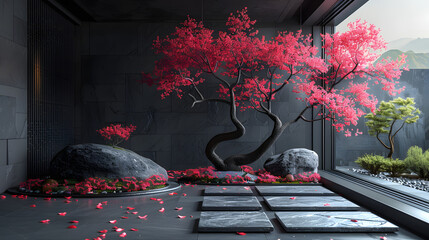 A striking image featuring a vivid pink cherry blossom tree amidst a tranquil Japanese style garden