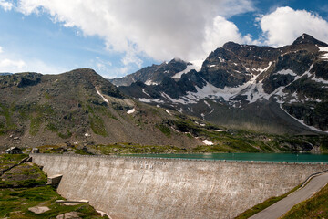 Serrù Lake Dam, Ceresole Reale, Metropolitan City of Turin, Italy. Taken from the SP50 in the Parco Nazionale Gran Paradiso.