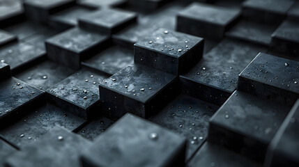 A macro perspective showcases water droplets on textured 3D black cubes, highlighting detail