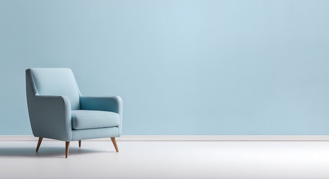 Modern blue armchair in the blue room. Furniture image. Interior design. Furniture banner with blank space for text.