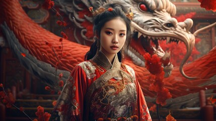 Fantasy Art Chinese Style dragon and woman
