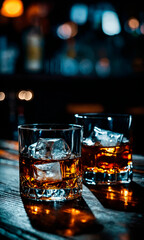 Two glasses of whiskey with ice on a bar, illuminated by the soft, warm glow of the background, creating a cozy yet sophisticated drinking atmosphere.